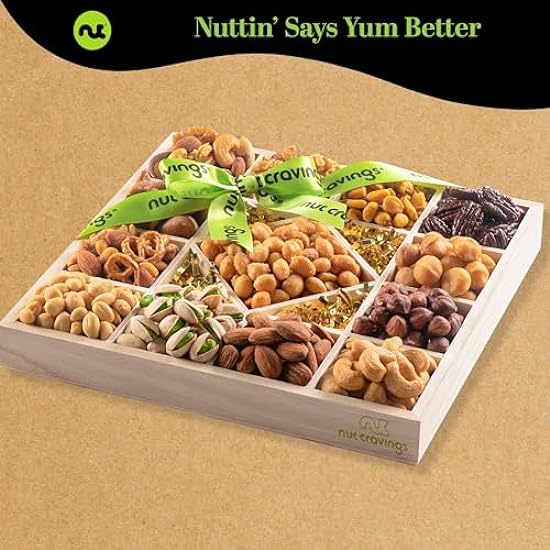 Nut Cravings Gourmet Collection - Mixed Nuts Gift Basket in Reusable Diamond Wooden Tray + Verde Ribbon (13 Assortments) Easter Arrangement Platter, Healthy Kosher USA Made 962866623