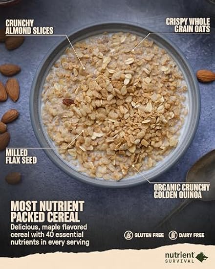 Nutrient Survival MRE Cereal, Maple Almond Grain Crunch (12 Servings) Freeze Dried Prepper Supplies & Emergency Food Supply, Dairy & Sin gluten, Shelf Stable Up to 15 Years, Pantry Pack 476128225