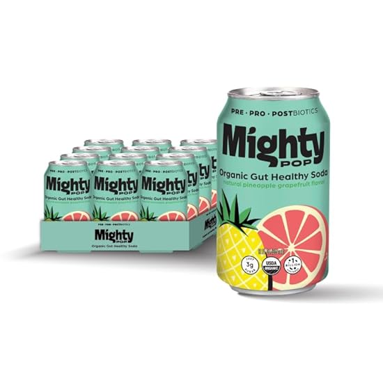 Mighty Pop (Pineapple Grapefruit) | Organic Prebiotic Probiotic Postbiotic Drink | 12-Pack Cans - Tropical Fusion of Pineapple and Grapefruit for a Zesty and Gut-Friendly Experience. 896706884